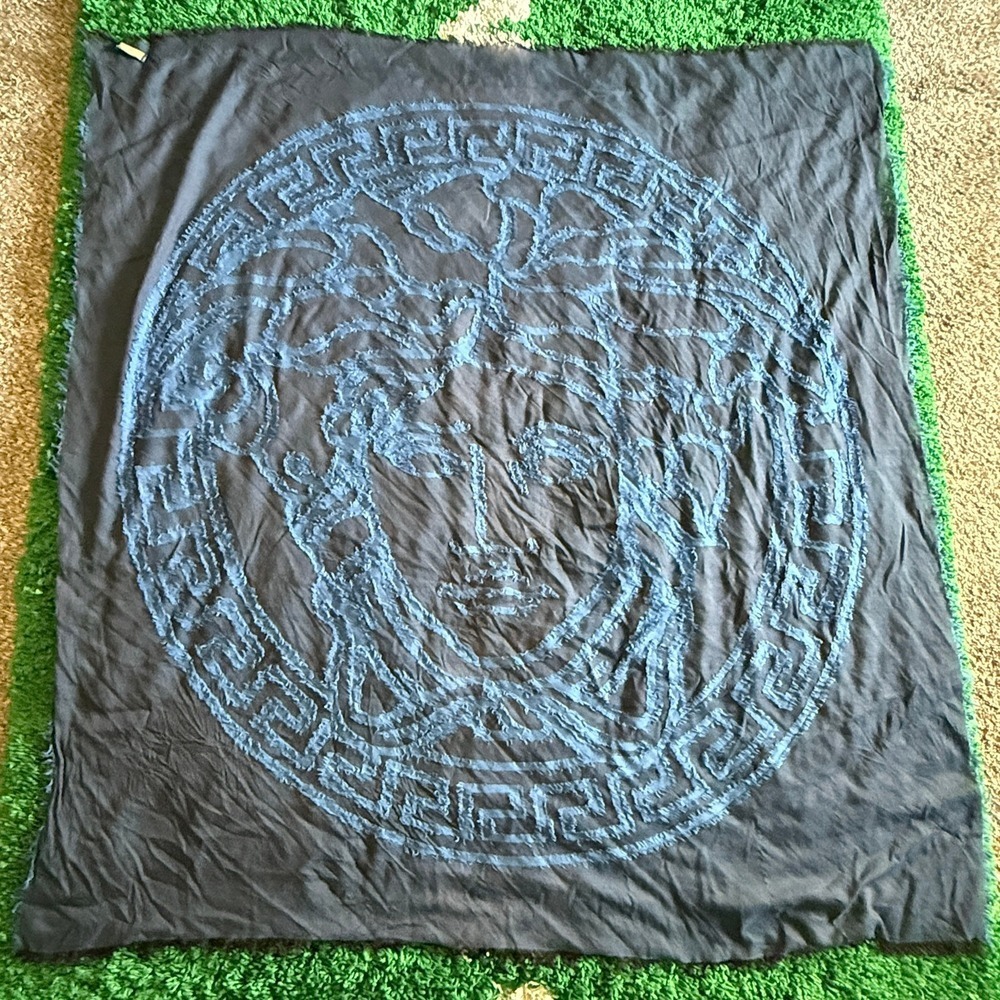 Versace Medusa Head Foulard Scarf Silk Blend‎ Blue Grey Large